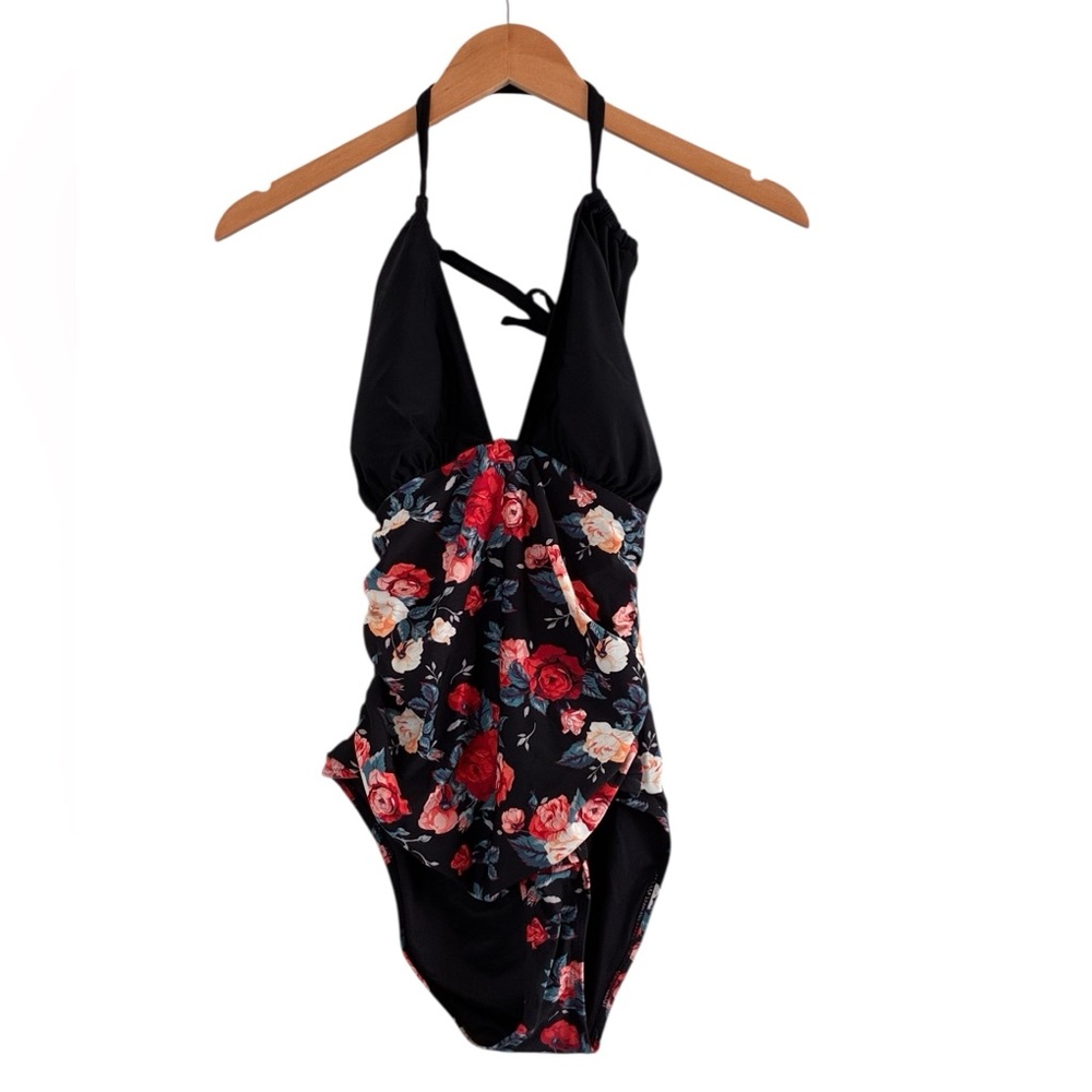 Like new deep v-neck halter floral ruched sided padded one piece swimsuit